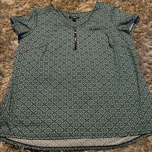 Roz & Ali Teal Patterned Blouse with Zipper Detail